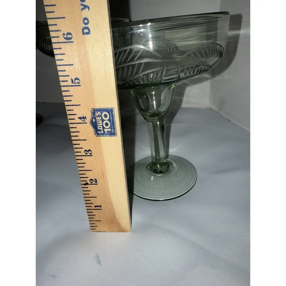 Margarita Glasses‎ Handblown Set Of (4) Green Stem Green Bowl Etched
